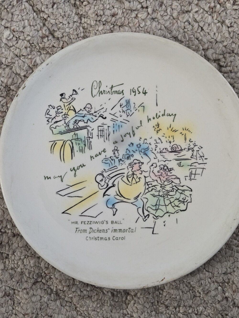 VTG 1954 BUFFALO CHINA XMAS PLATE - "MR FEZZIWIG'S BALL" FROM XMAS STORY